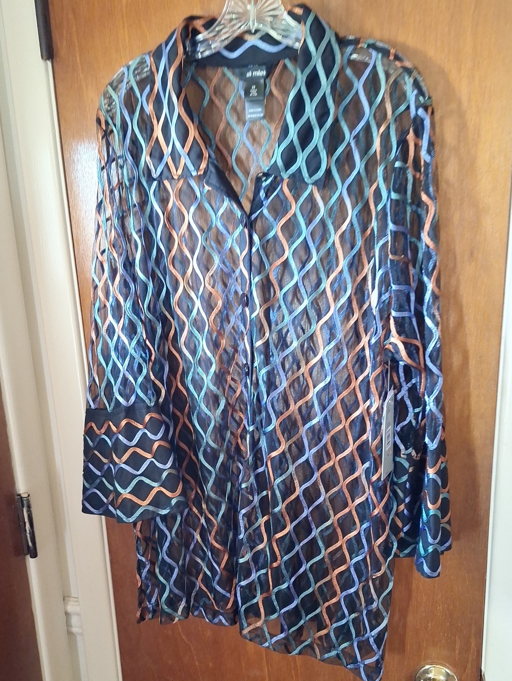 Ali Miles Black Sheer Blouse With Blue, Green and Copper Embroidery 2X